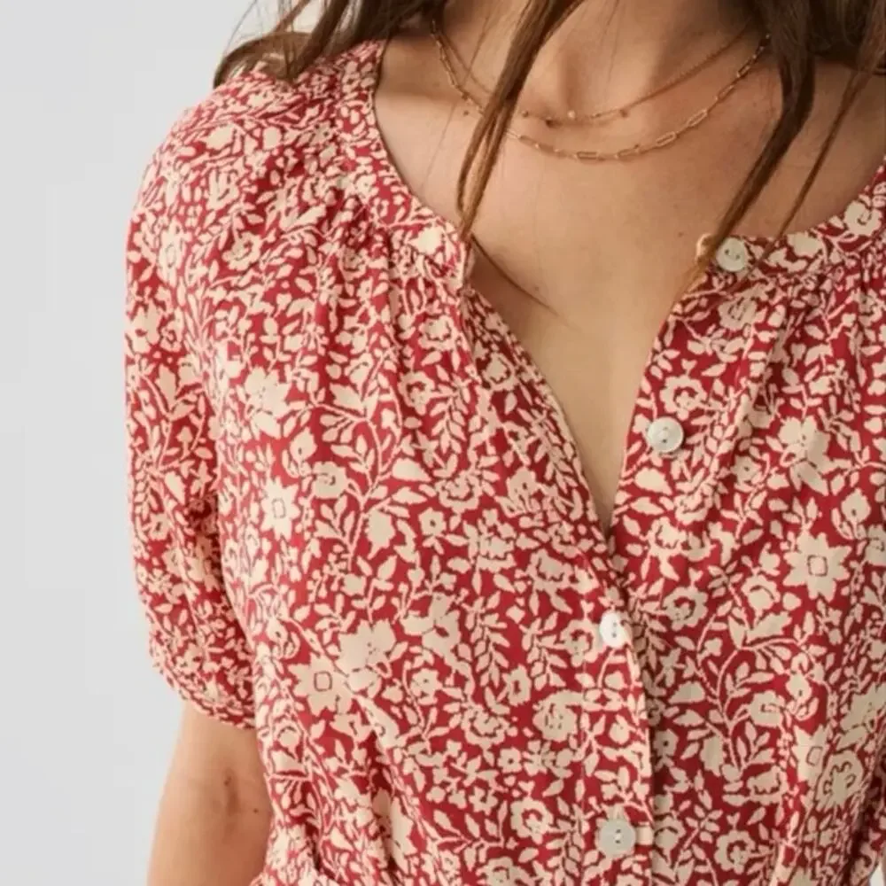 Faherty Carmel Floral Print Organic Cotton Midi Belted Flowy Shirtdress - Medium - Picture 14 of 15